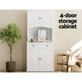 White 4-door storage cabinet with arched niche in living room, text reads 4-door storage cabinet