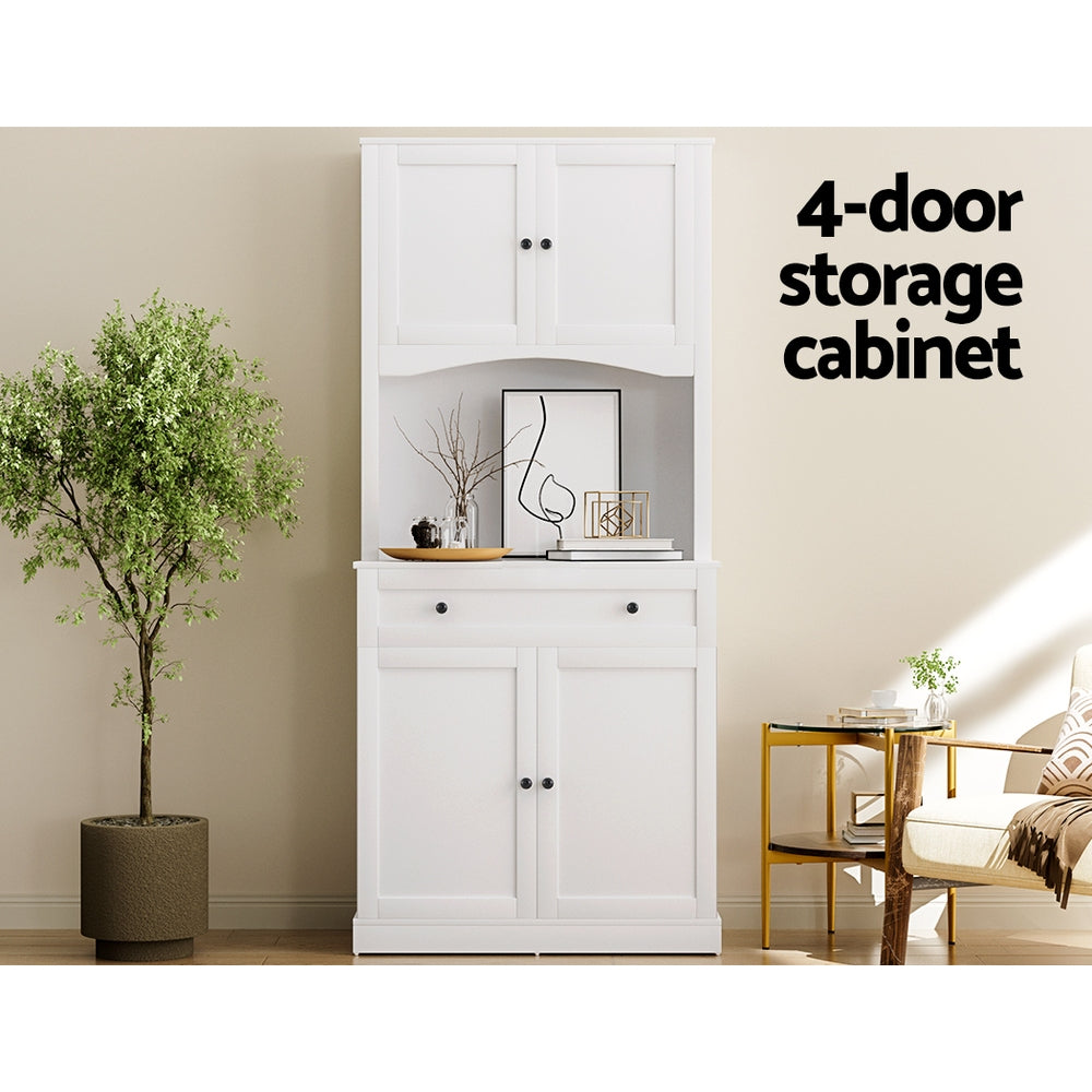 White 4-door storage cabinet with arched niche in living room, text reads 4-door storage cabinet