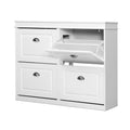 White four-door shoe cabinet three-quarter view top-right flip-out door open showing empty tray mechanism three doors closed