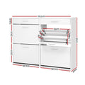 White 4-door shoe cabinet dimensions 119.5cm wide 91cm tall 29cm deep two drawers 11.5cm high flip-out 37cm each