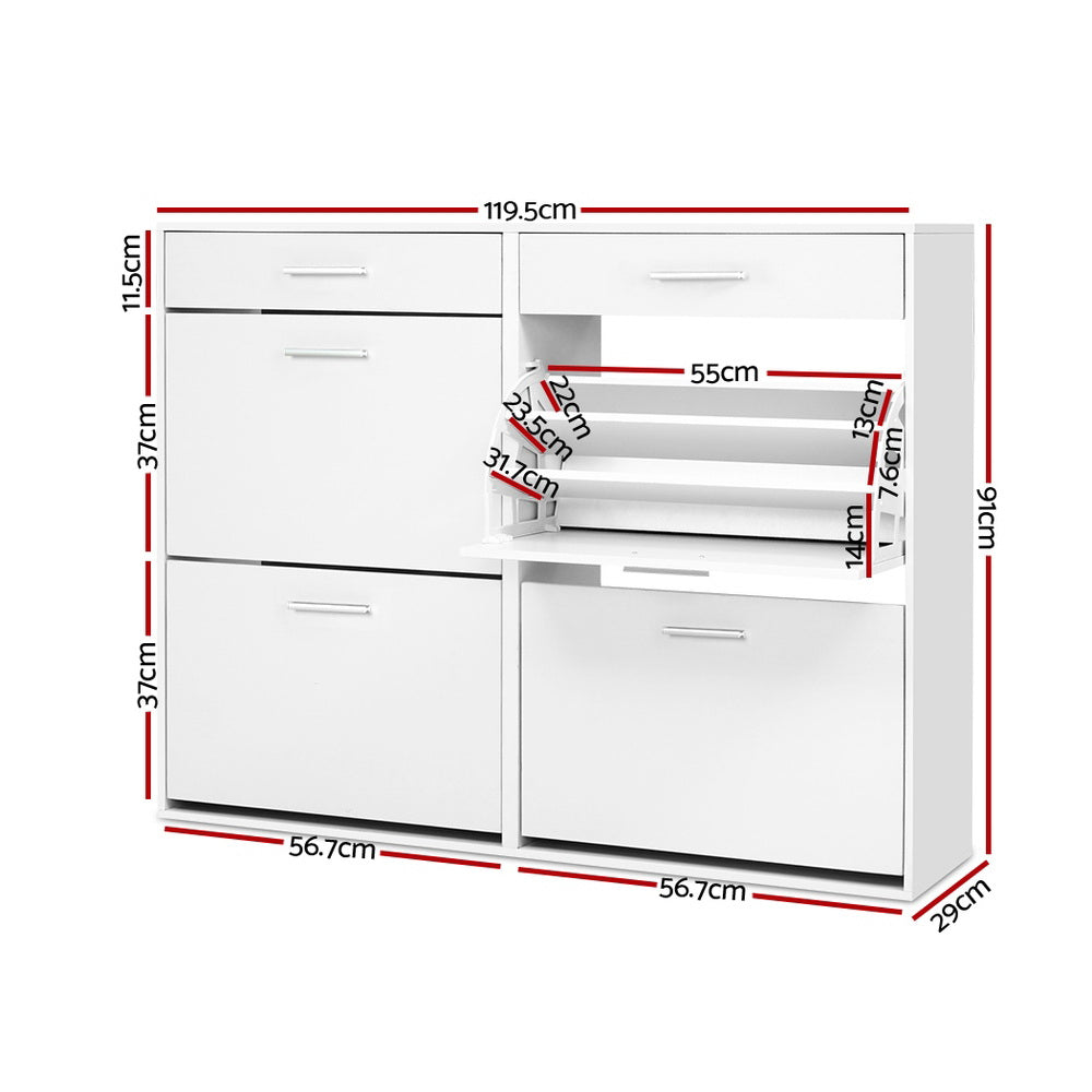 White 4-door shoe cabinet dimensions 119.5cm wide 91cm tall 29cm deep two drawers 11.5cm high flip-out 37cm each