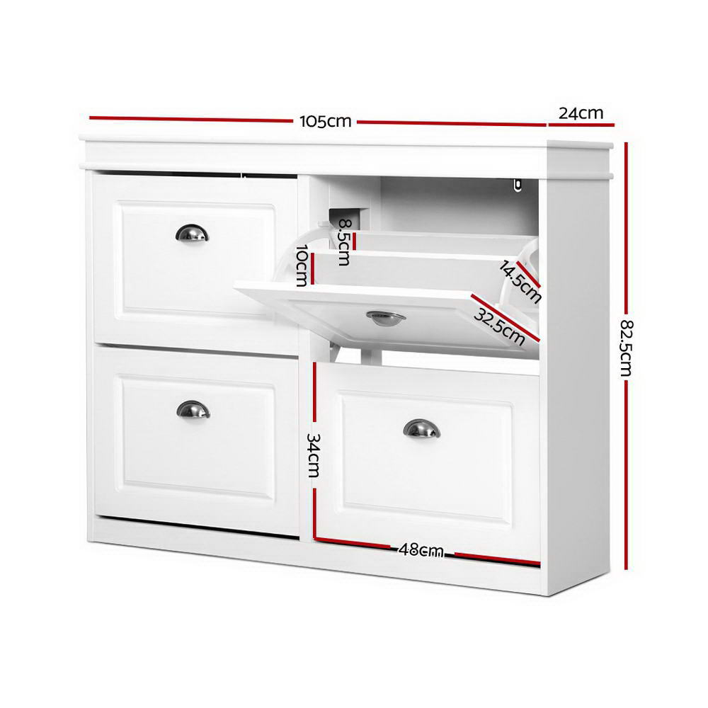 White four-door shoe cabinet dimensions 105cm wide 82.5cm tall 24cm deep with tray heights 8.5 10 14.5cm and 32.5cm wide