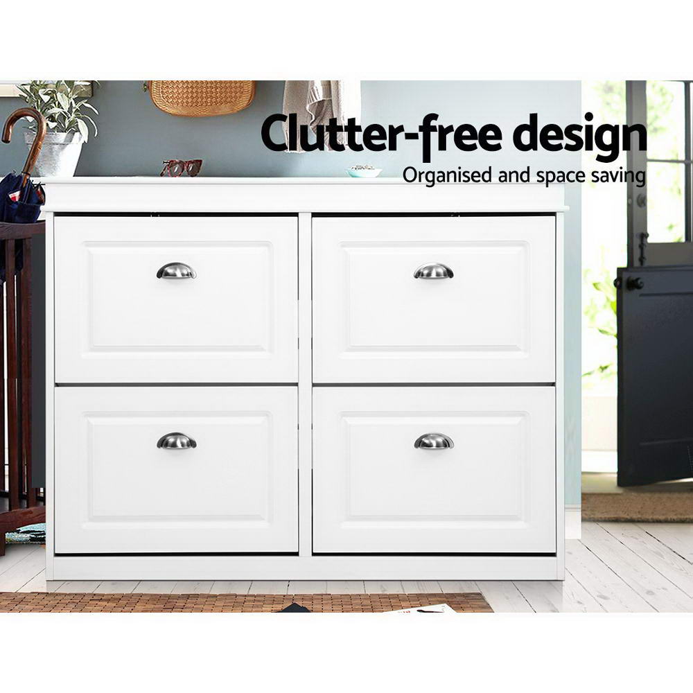 White wide four-door shoe cabinet all doors closed in hallway lifestyle clutter-free design organised and space saving text