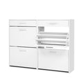 White wide four-door shoe cabinet two drawers and four flip-out compartments right middle tray open on white background