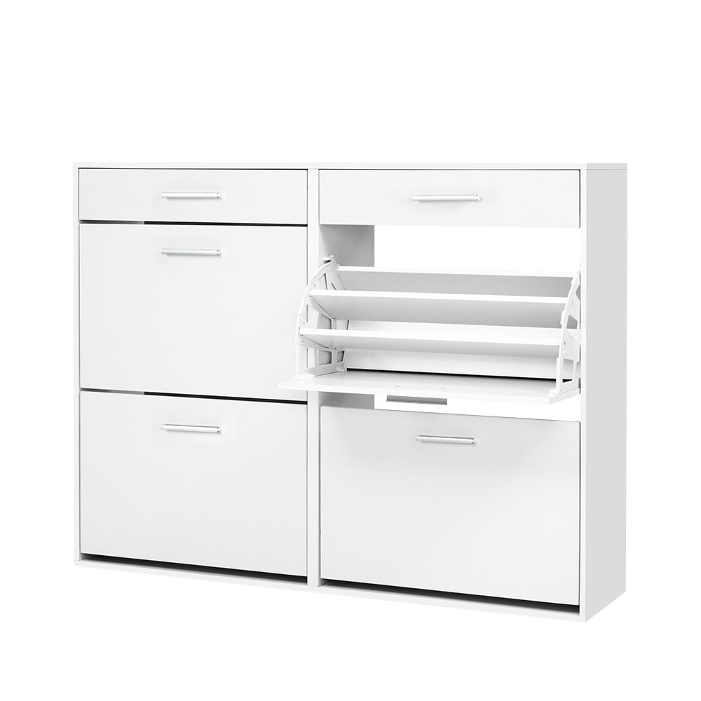 White wide four-door shoe cabinet two drawers and four flip-out compartments right middle tray open on white background