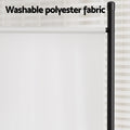 White 4-panel fabric room divider washable polyester fabric close-up with black metal pole detail