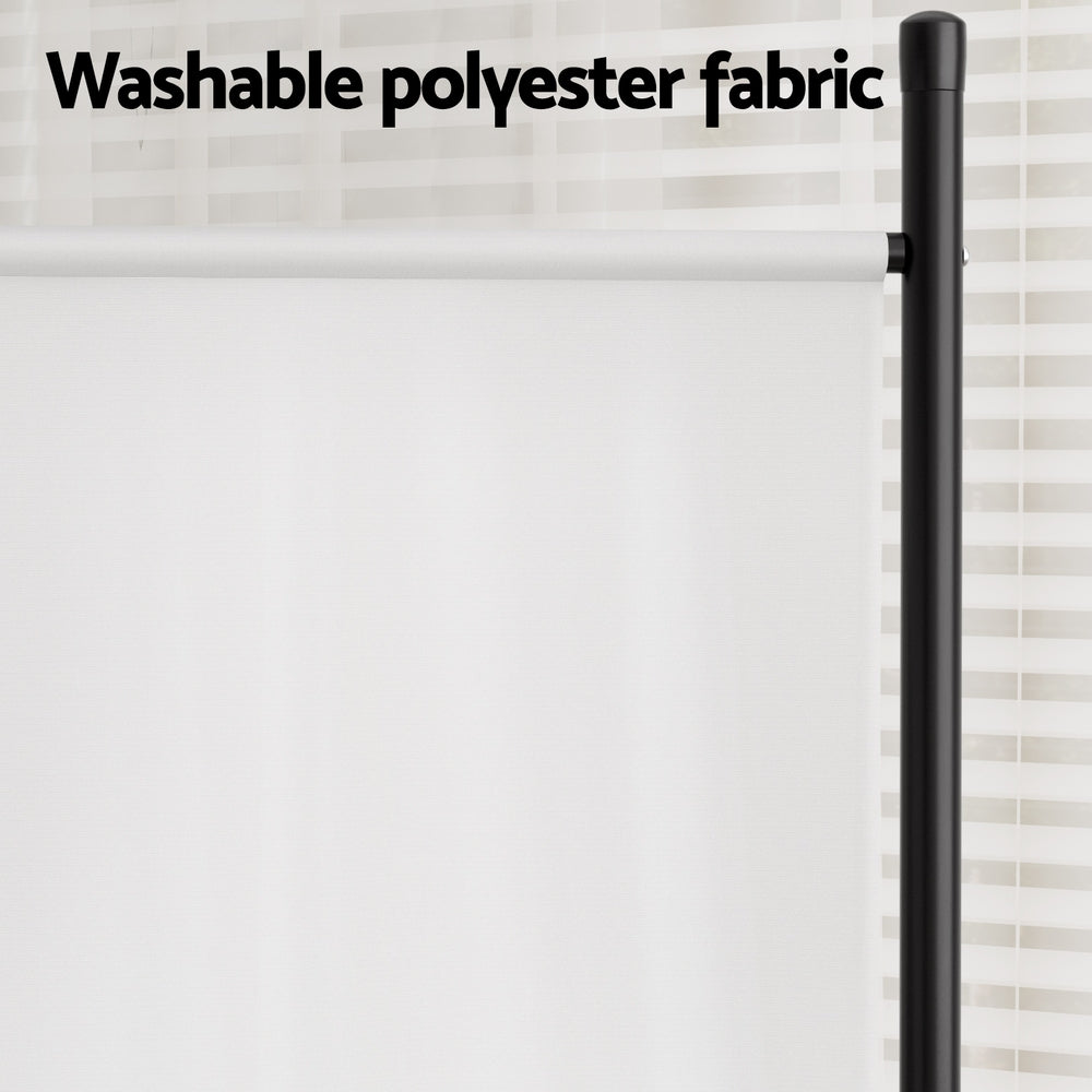 White 4-panel fabric room divider washable polyester fabric close-up with black metal pole detail