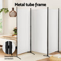 White 4-panel fabric room divider metal tube frame in bedroom lifestyle with detachable connectors close-up