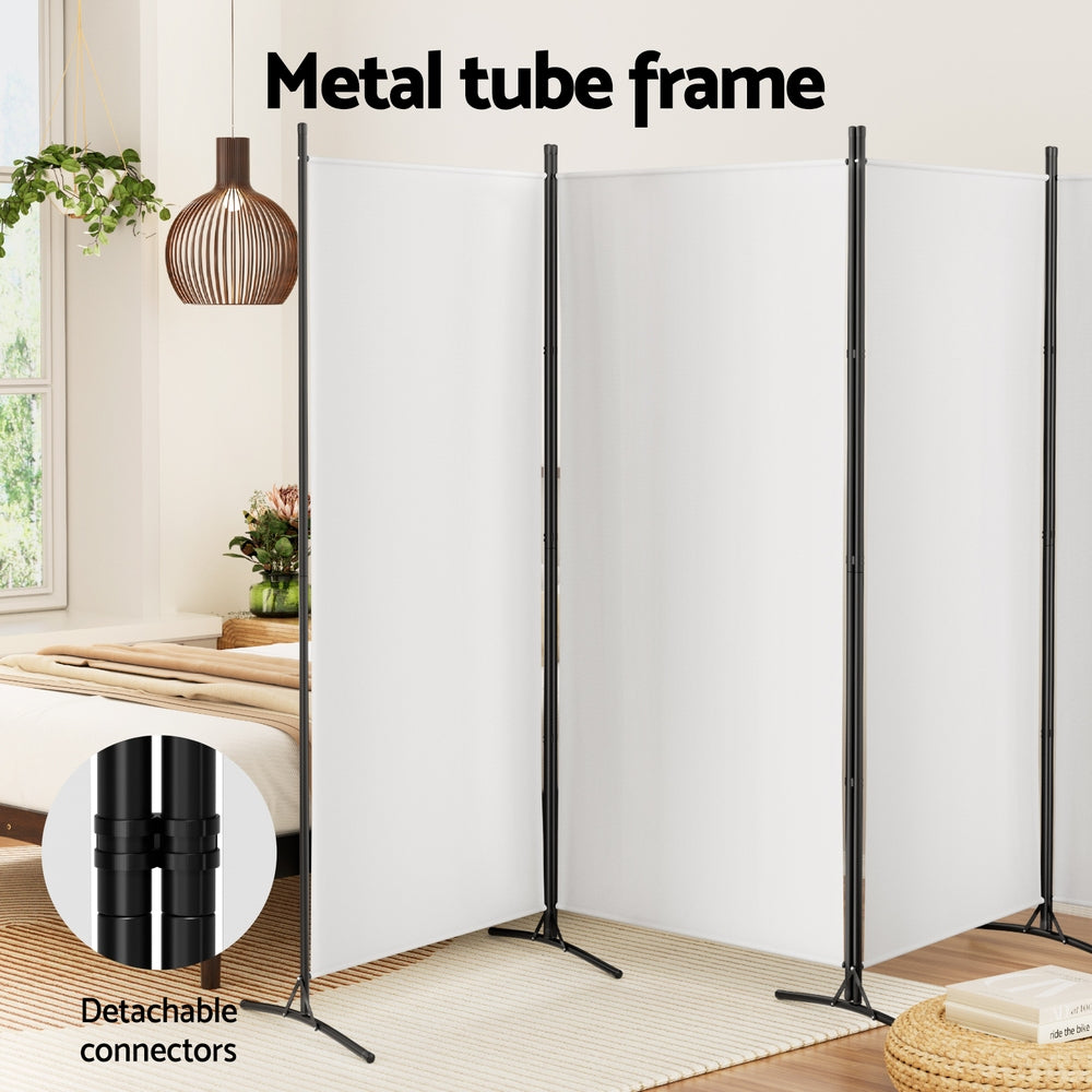White 4-panel fabric room divider metal tube frame in bedroom lifestyle with detachable connectors close-up