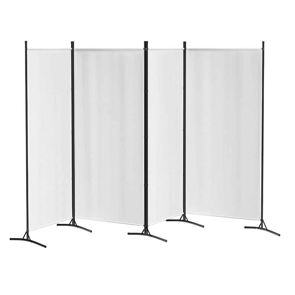 White 4-panel fabric room divider on white background zigzag configuration with black metal frame and X-base feet
