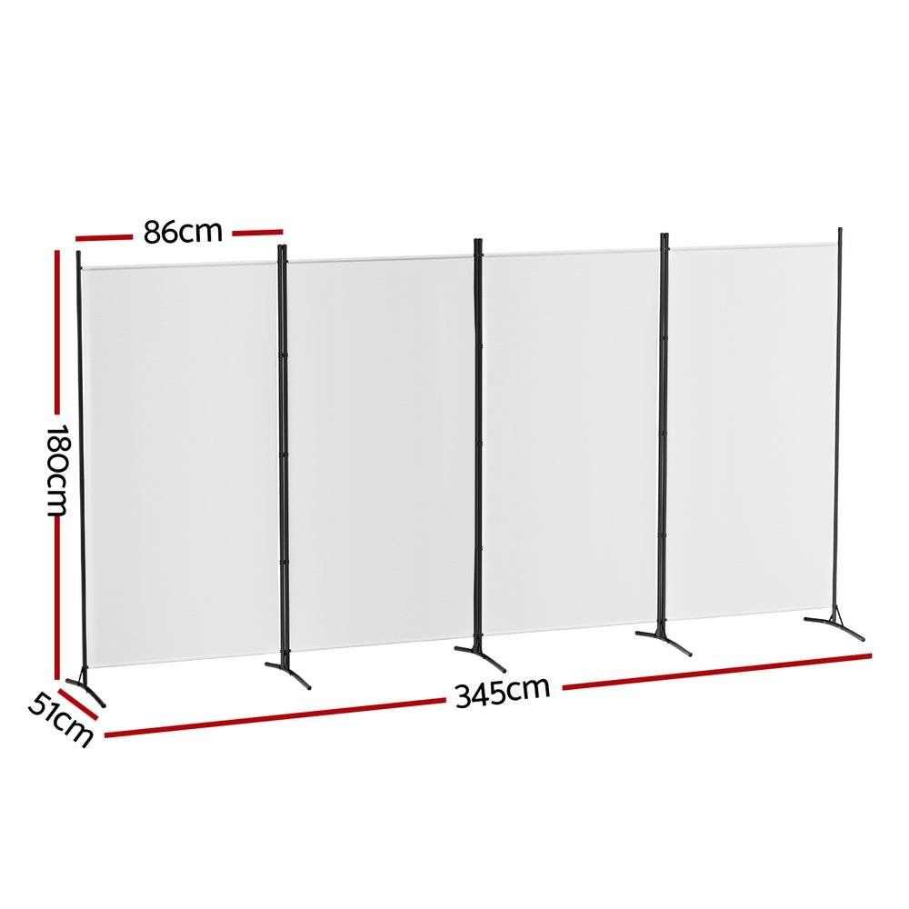 White 4-panel fabric room divider dimension diagram 86cm panel width 180cm height 345cm total width and 51cm depth