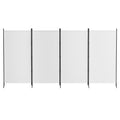White 4-panel fabric room divider front view on white background four flat panels with black metal frame and T-base feet