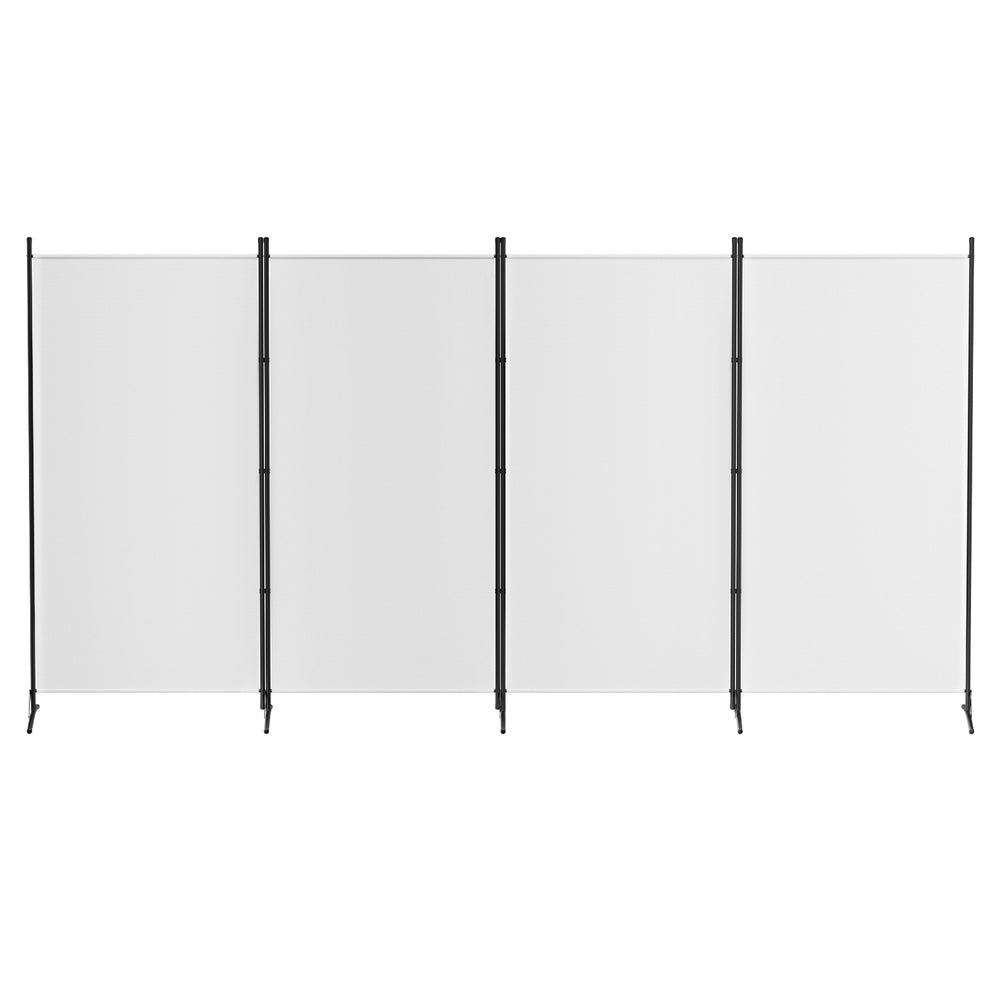 White 4-panel fabric room divider front view on white background four flat panels with black metal frame and T-base feet