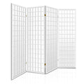 White 4-panel fabric grid shoji room divider arc configuration open view on white background with gold hinges