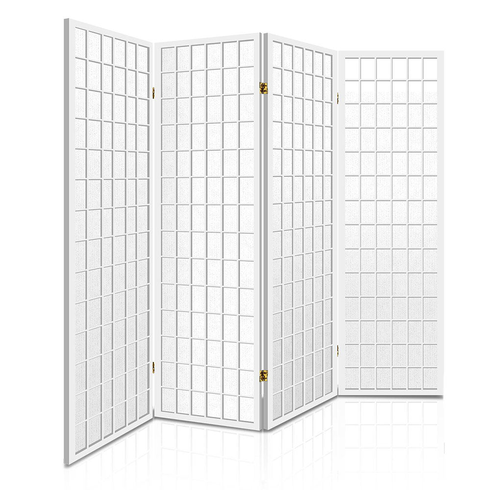 White 4-panel fabric grid shoji room divider arc configuration open view on white background with gold hinges