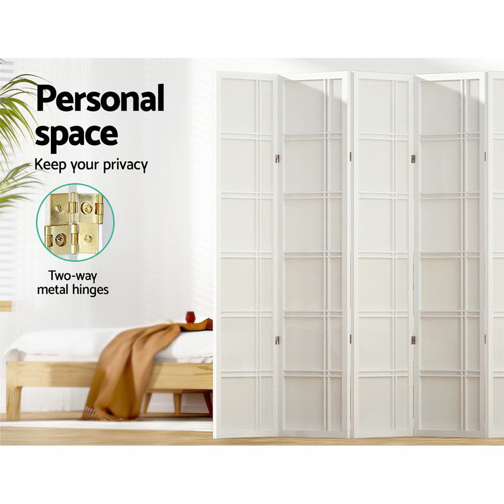 White 4-panel double crosshatch shoji room divider in bedroom lifestyle with pine bed and two-way gold metal hinges callout