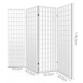White 4-panel fabric grid shoji room divider dimension diagram 43.5cm panel width 178.5cm height with foldable view
