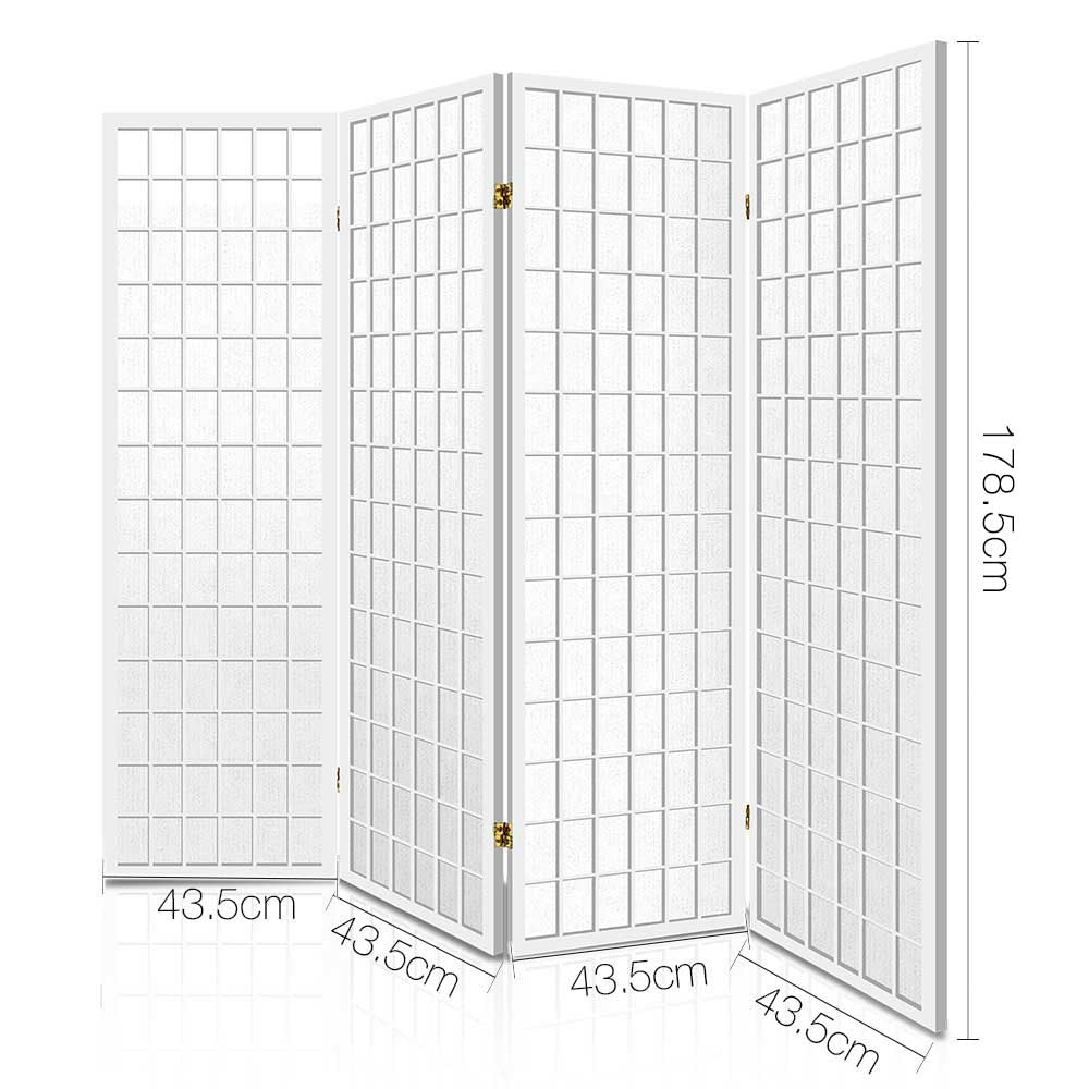 White 4-panel fabric grid shoji room divider dimension diagram 43.5cm panel width 178.5cm height with foldable view