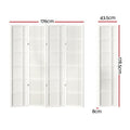 White 4-panel double crosshatch grid shoji room divider dimension diagram 176cm wide 178.5cm tall 43.5cm panel and 8cm depth