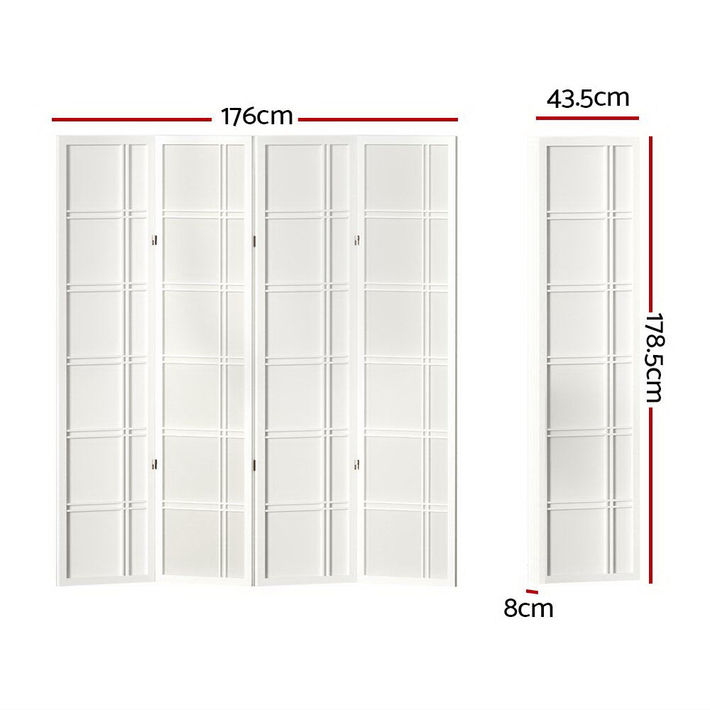 White 4-panel double crosshatch grid shoji room divider dimension diagram 176cm wide 178.5cm tall 43.5cm panel and 8cm depth