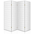 White 4-panel fabric grid shoji room divider flat front view on white background with gold hinges and white wood frame