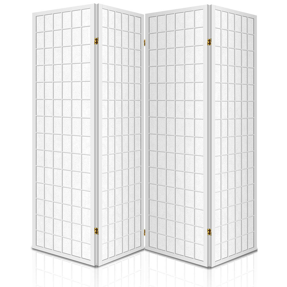 White 4-panel fabric grid shoji room divider flat front view on white background with gold hinges and white wood frame