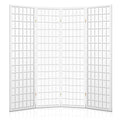 White 4-panel fabric grid shoji room divider straight-on front view on white background with gold hinges and white frame