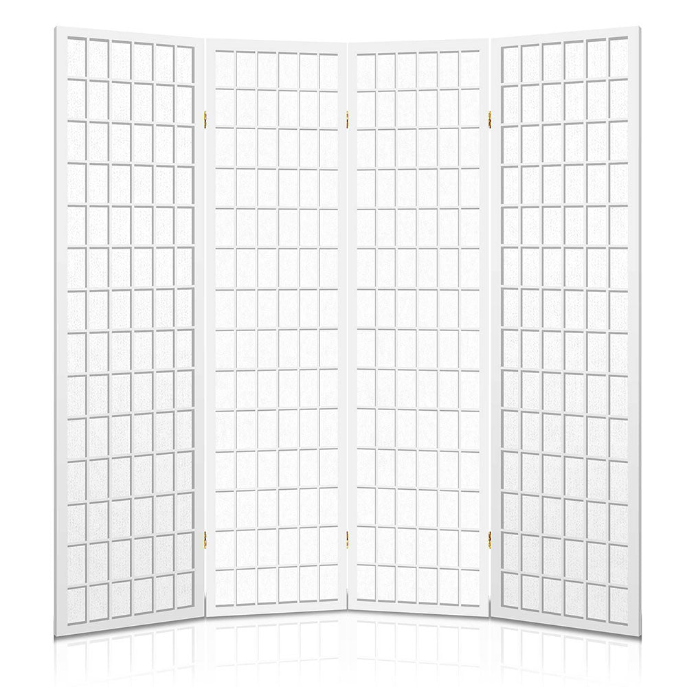 White 4-panel fabric grid shoji room divider straight-on front view on white background with gold hinges and white frame