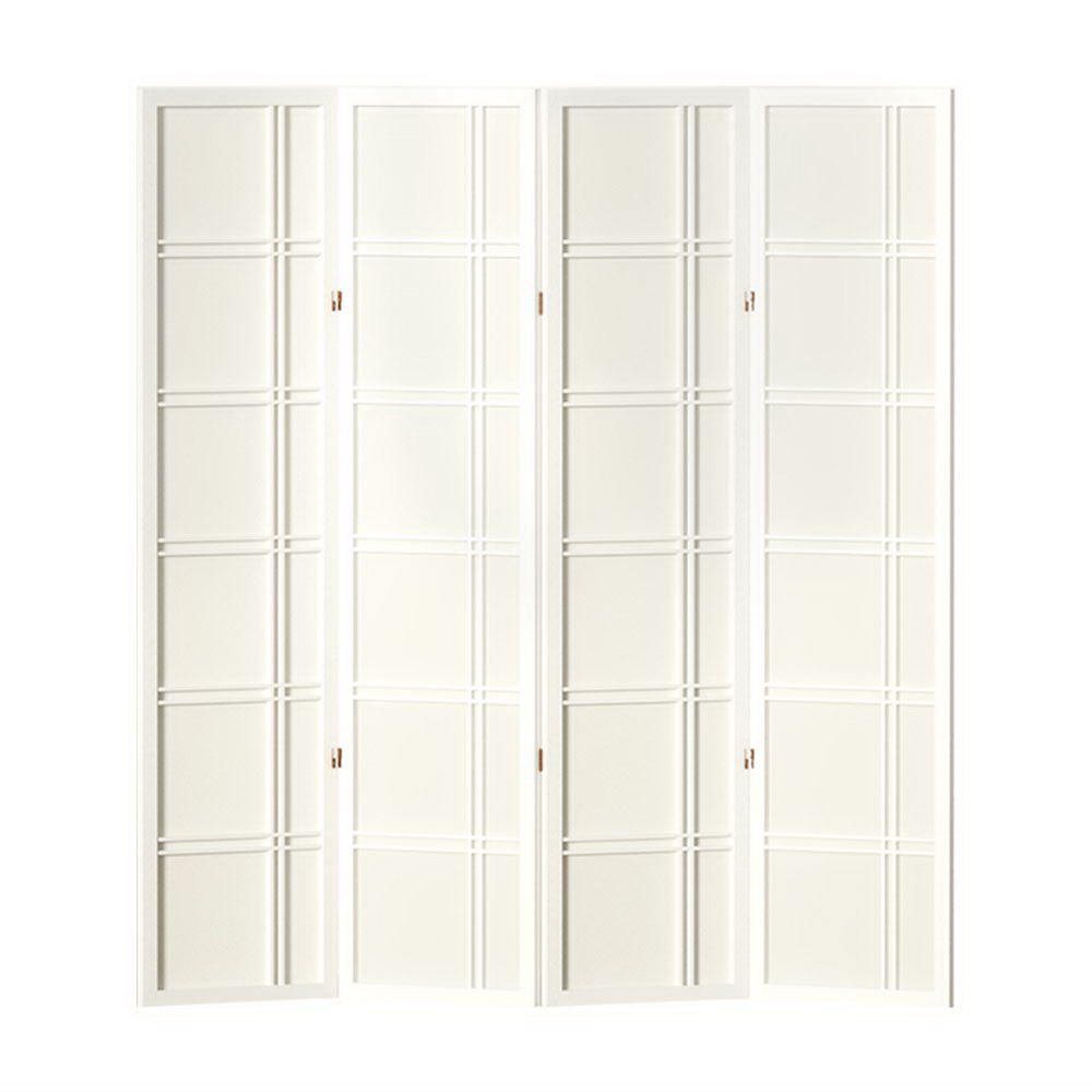 White 4-panel double crosshatch grid shoji room divider flat front view on white background with copper hinges