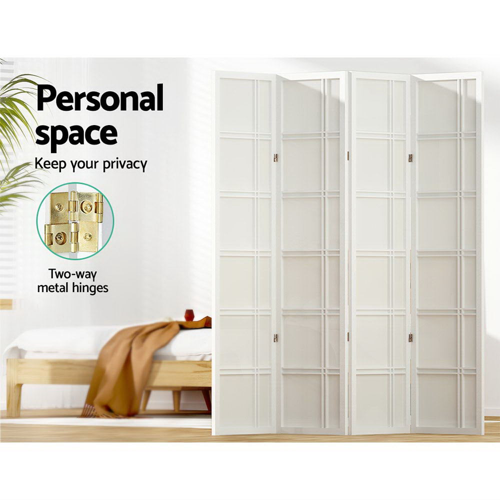 White 4-panel double crosshatch shoji room divider in bedroom lifestyle with personal space and two-way gold metal hinges
