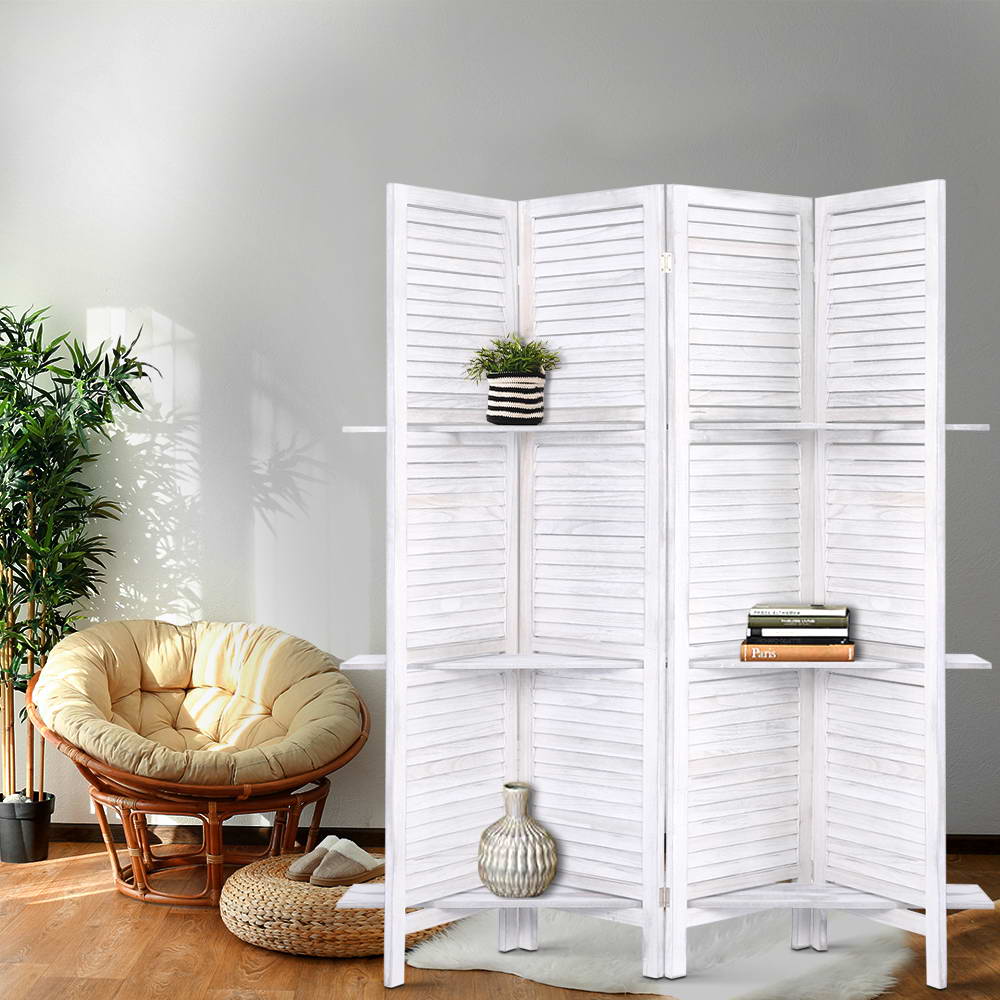 White 4-panel louvered wood room divider with built-in shelves dimension diagram 163cm wide 170cm tall and 40cm depth