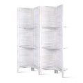 White 4-panel louvered wood room divider with built-in shelves flat front view on white background with wood feet