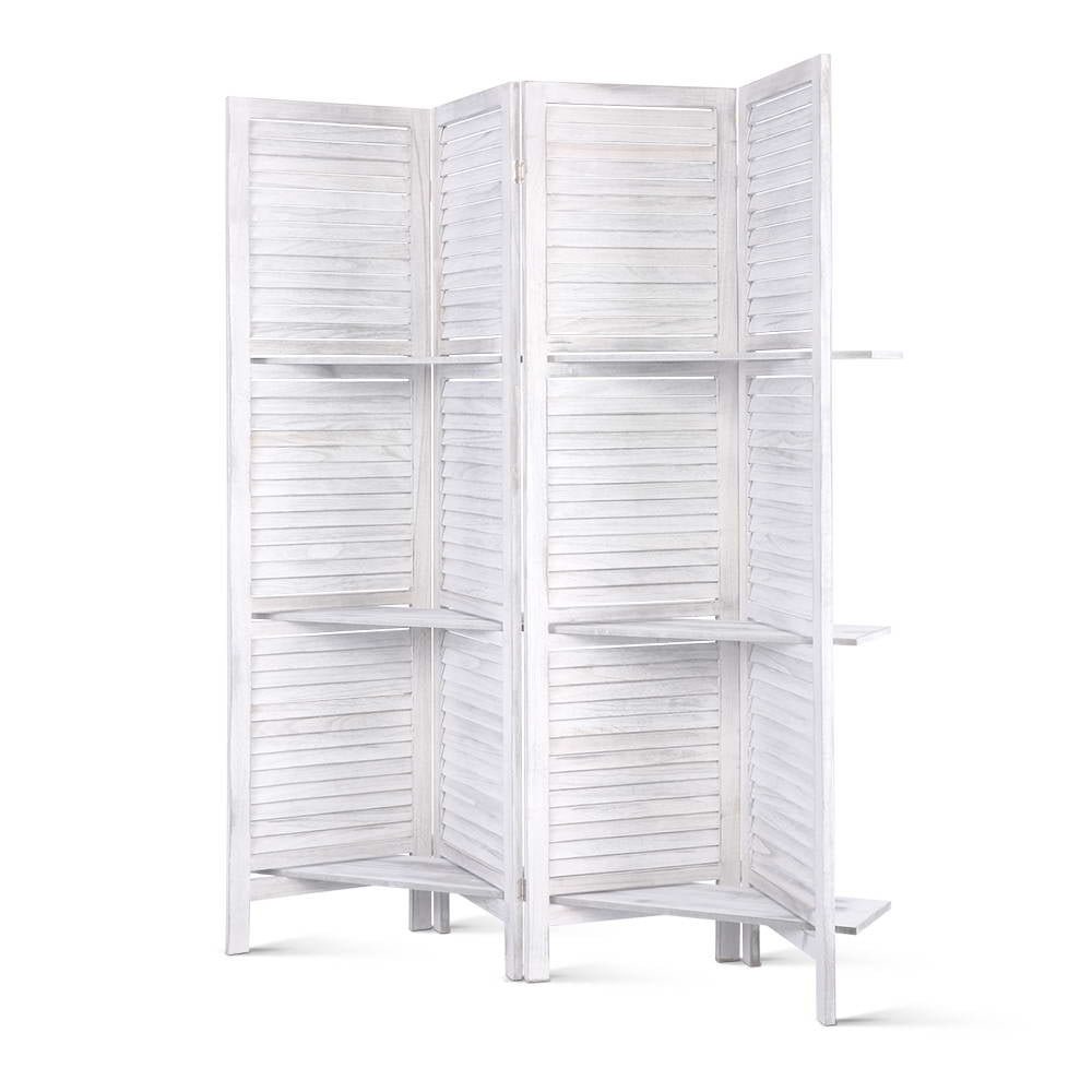 White 4-panel louvered wood room divider with built-in shelves flat front view on white background with wood feet