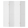 White 4-panel pegboard room divider angled front view on white background with gold hinges and peg holes on panels