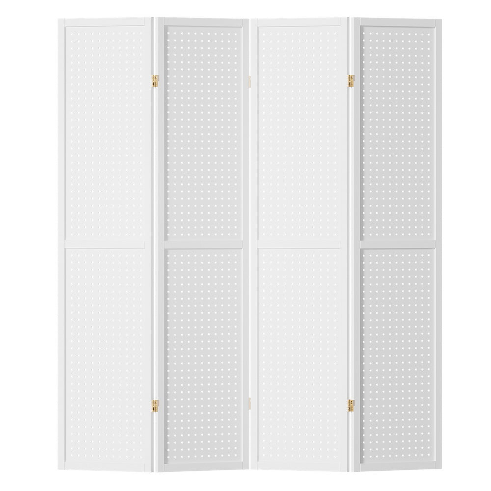 White 4-panel pegboard room divider angled front view on white background with gold hinges and peg holes on panels
