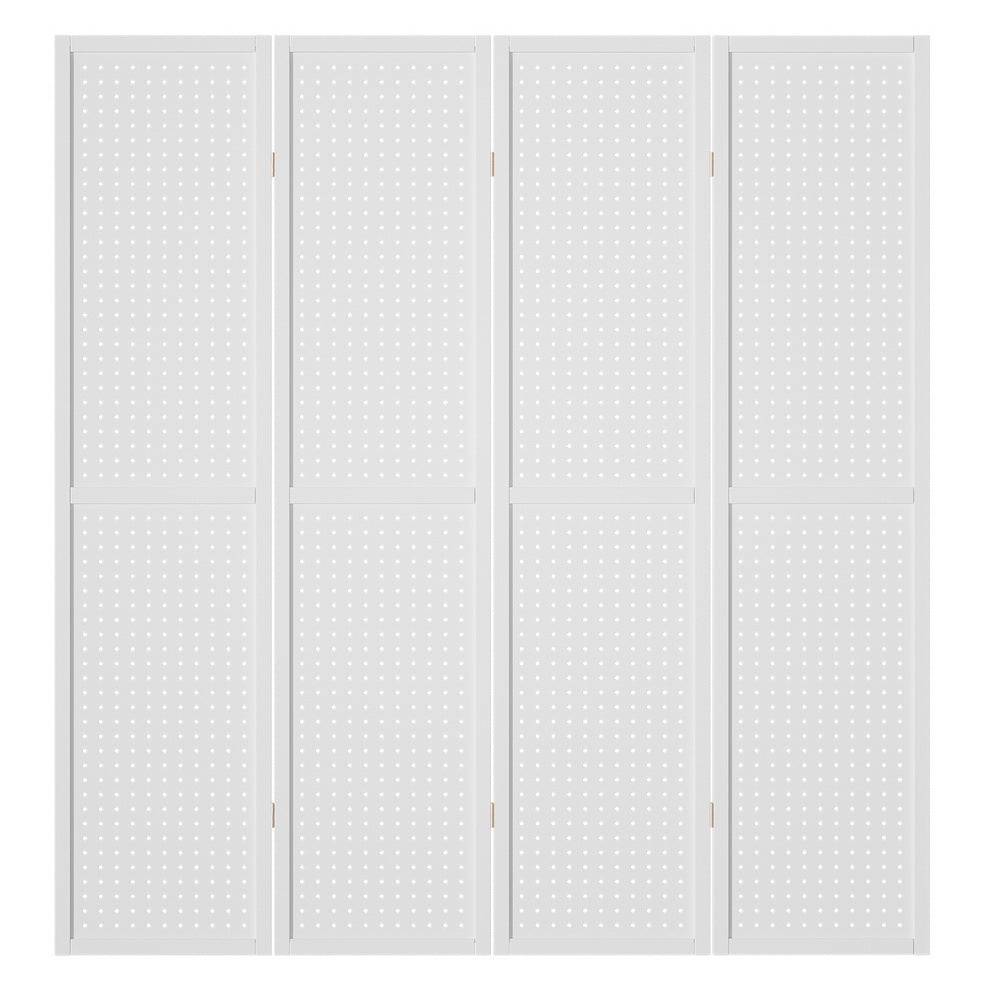 White 4-panel pegboard room divider front view on white background four flat panels with gold hinges and peg holes