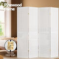 White 4-panel pegboard room divider in bedroom lifestyle with pinewood frame and two-way gold metal hinges callout