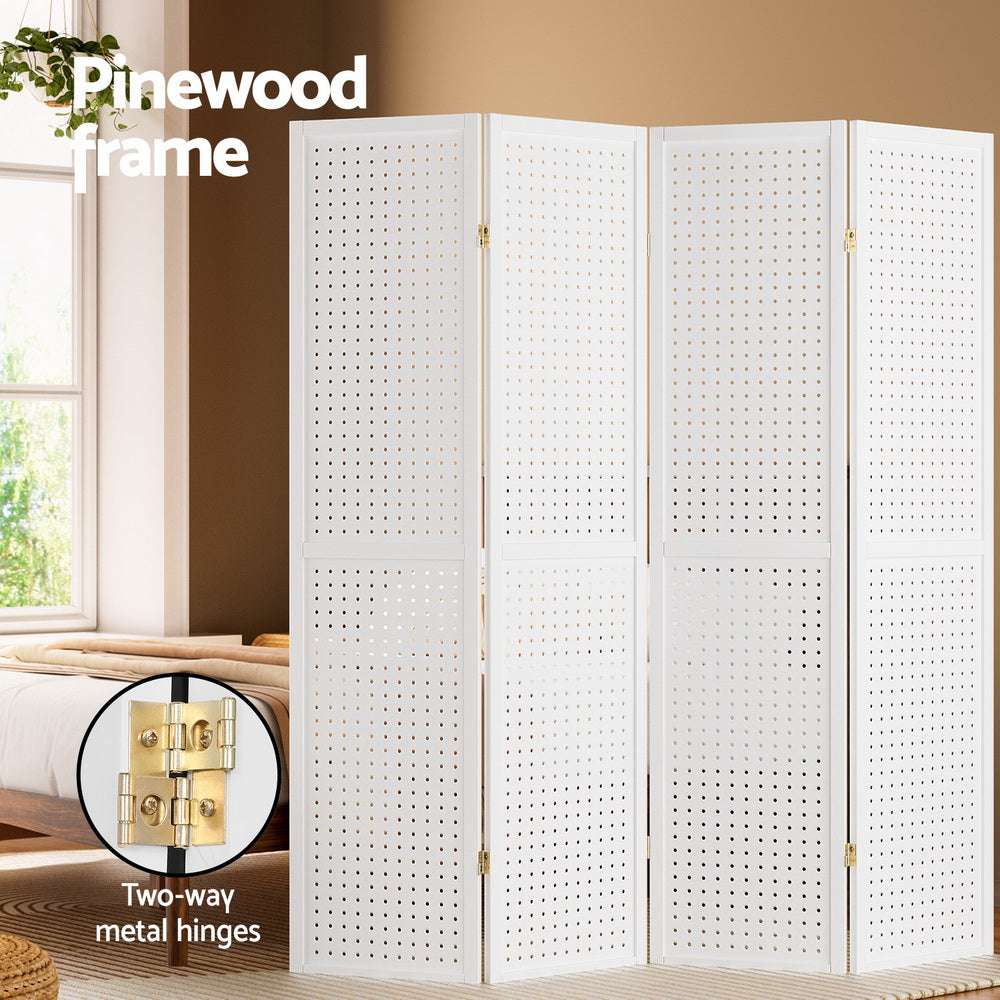White 4-panel pegboard room divider in bedroom lifestyle with pinewood frame and two-way gold metal hinges callout