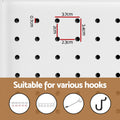 White 4-panel pegboard room divider peg hole dimensions 3.7cm spacing and hook type compatibility infographic