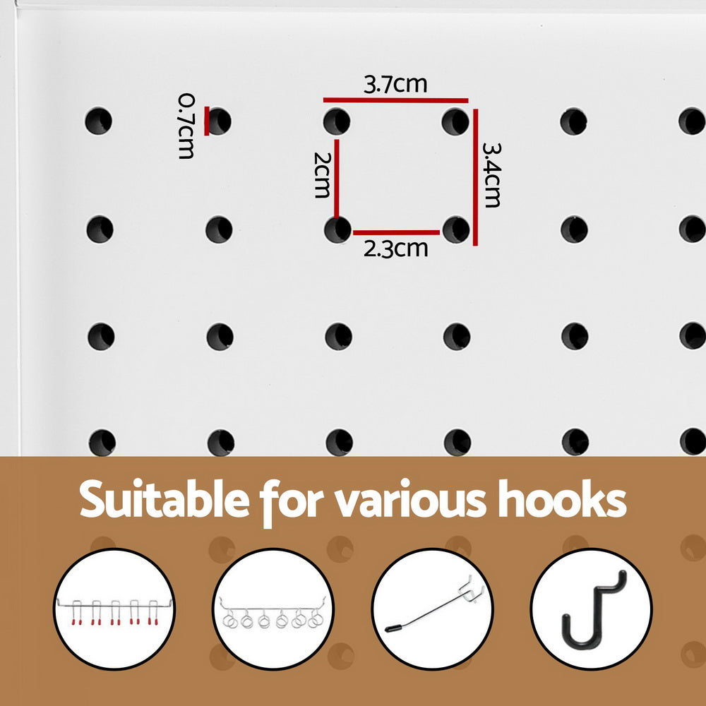 White 4-panel pegboard room divider peg hole dimensions 3.7cm spacing and hook type compatibility infographic