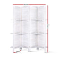 White 4-panel double crosshatch shoji room divider non-woven fabric close-up in lifestyle with yellow sofa and palm