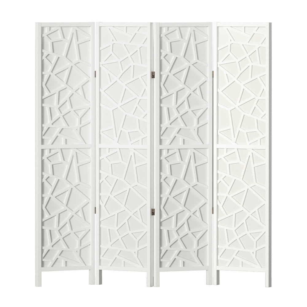White 4-panel MDF star cutout room divider flat front view on white background with gold hinges and white wood feet