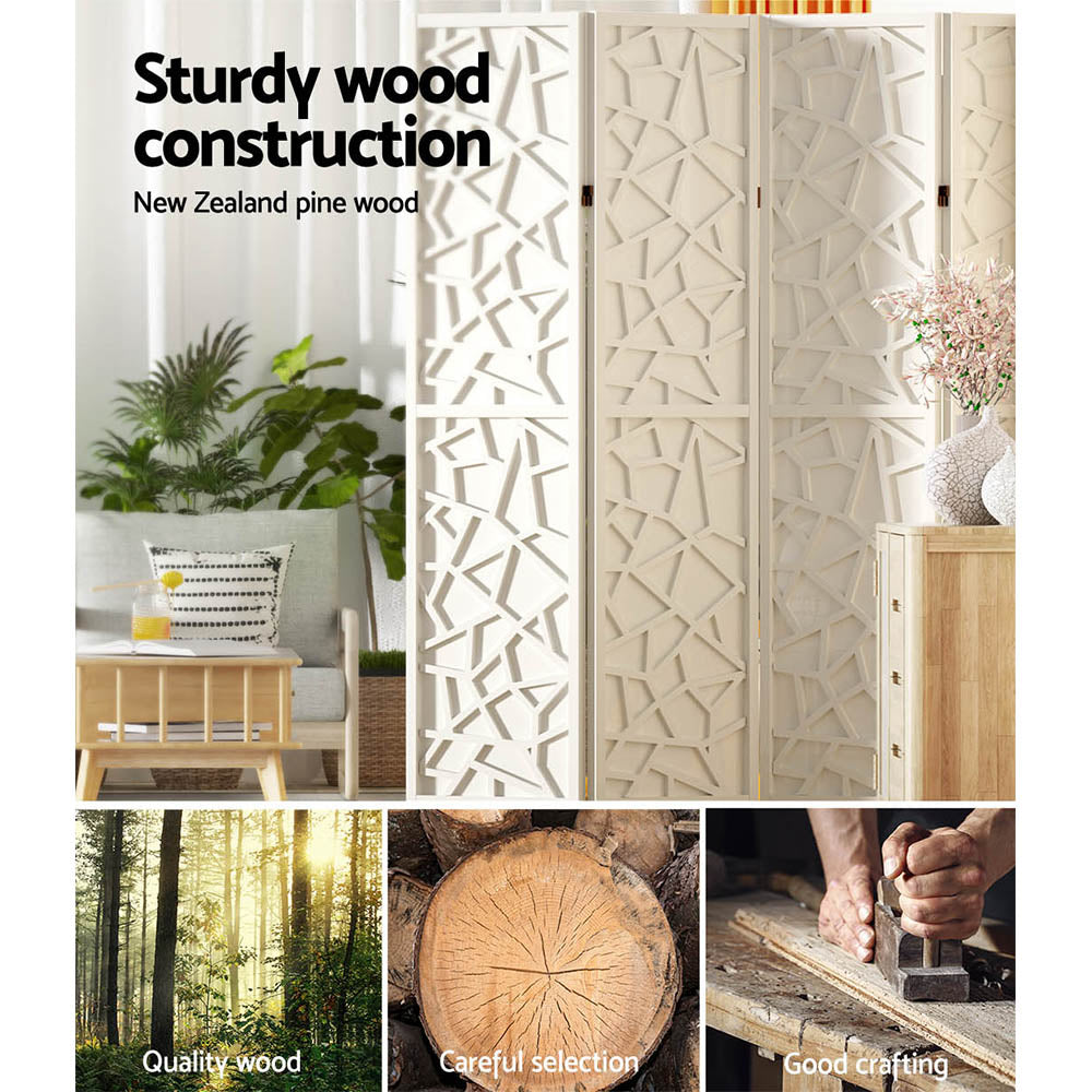 White 4-panel MDF star cutout room divider NZ pine construction with quality wood selection and crafting close-ups