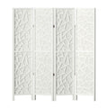 White 4-panel MDF star cutout room divider open flat view on white background with gold hinges and wood feet