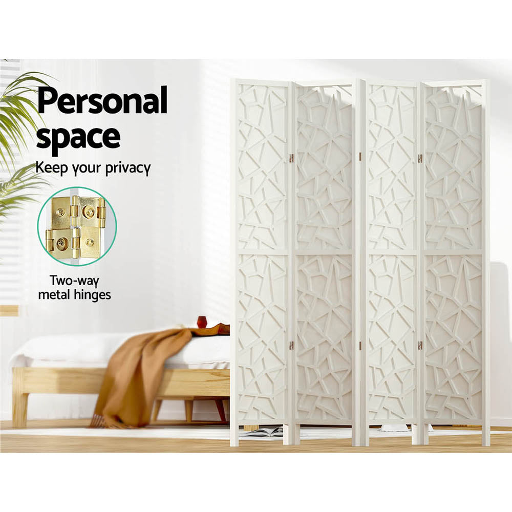 White 4-panel MDF star cutout room divider in bedroom lifestyle with personal space and two-way gold metal hinges callout