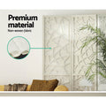 White 4-panel MDF star cutout room divider non-woven fabric close-up in lifestyle room with yellow sofa and palm plant