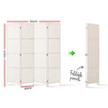 White 4-panel woven paper rope room divider dimension diagram 163cm wide 170cm tall 40cm depth with foldable compact storage