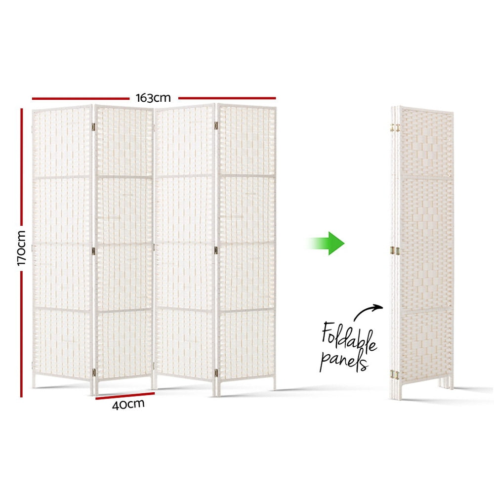 White 4-panel woven paper rope room divider dimension diagram 163cm wide 170cm tall 40cm depth with foldable compact storage