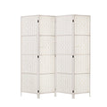 White 4-panel woven paper rope room divider flat front view on white background with silver hinges and white wood feet