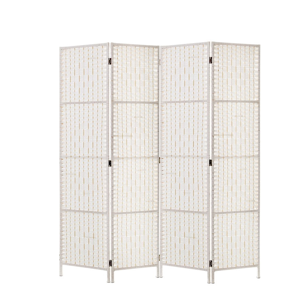 White 4-panel woven paper rope room divider flat front view on white background with silver hinges and white wood feet